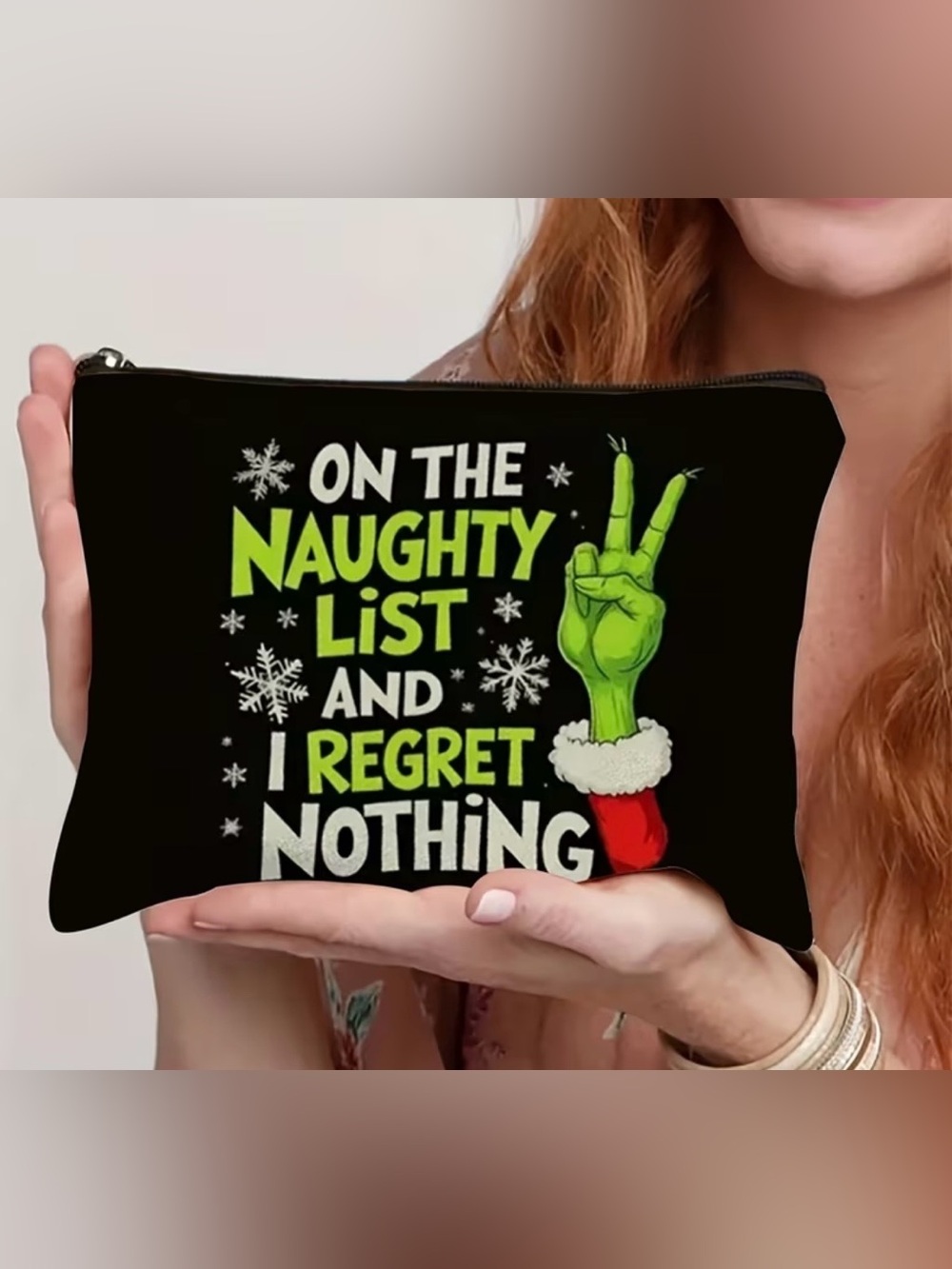 Funny Grinch Holiday Cosmetic or Accessory Bag - Black and Green - Picture 1 of 5